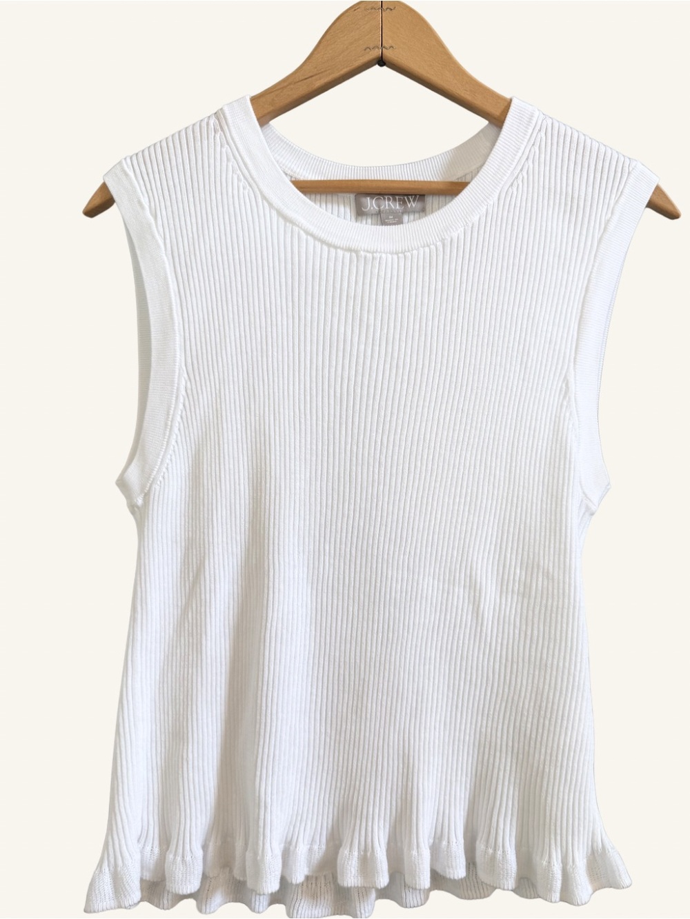 J.Crew White Ribbed Knit Ruffle Hem Sleeveless Sweater Tank Medium